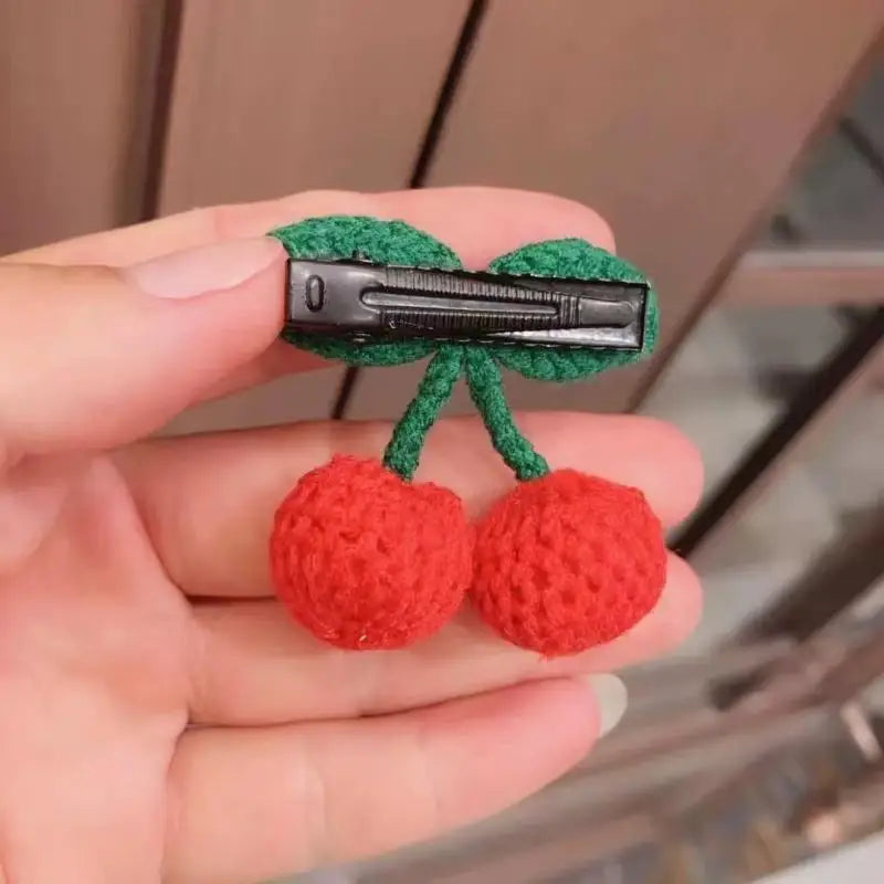 Popular 2Pcs Red Cherry Hair Clip For Baby Girls Cute Knitted Hairpin Barrette Side Clip Child Headwear Fashion Hair Accessories