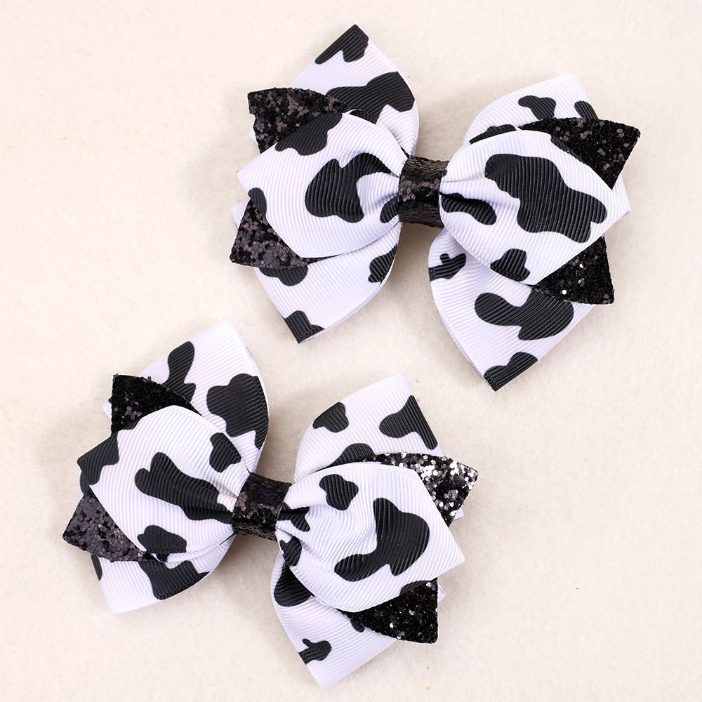 2Pcs Cow Print Bow Hair Clip Sweet Cute Dot Bownot Glittering Hairpin For Kid Girls Children's School Daily Headwear Accessories