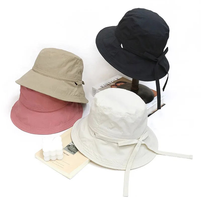 Women Lace-up Bowknot Sunscreen Fisherman Hat Large Brim Summer Anti-UV Strap Bucket Caps Korean Girl Travel Beach Basin Caps