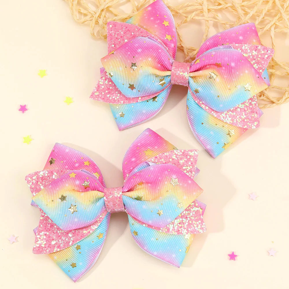 2Pcs Rainbow Star Hair Clips Sweet Glitter Sequin Hairpins New Ribbon Barrette For Girls Children Headwear Hair Accessories Gift party girls