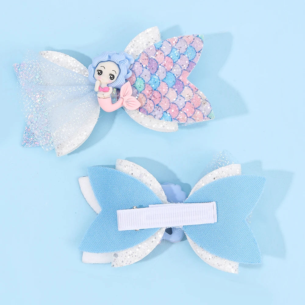 2Pcs Cartoon Mermaid Hair Clips Glitter Bow Hairpin Sparkly Barrette For Girls Children Summer Beach Headdress Hair Accessories