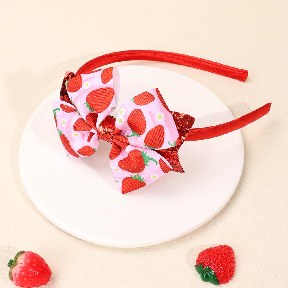 Strawberry Print Headband Glitter Watermelon Elastic Ribbon Bow Hair Bands Children Girls Summer Headwear Headdress Accesories