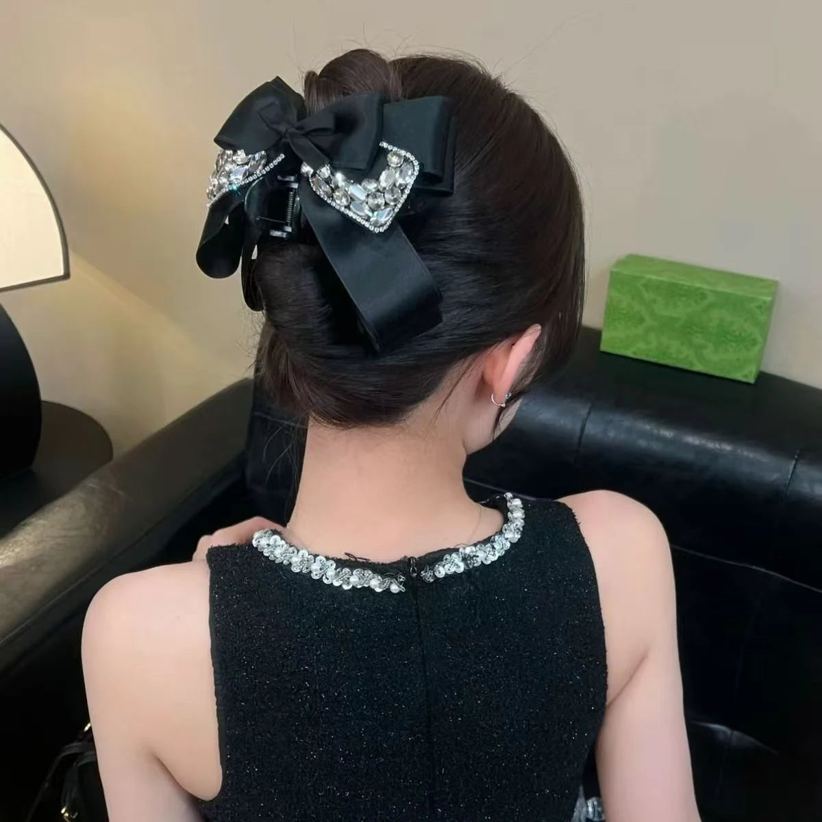Diamond Satin Black Bow claw clip