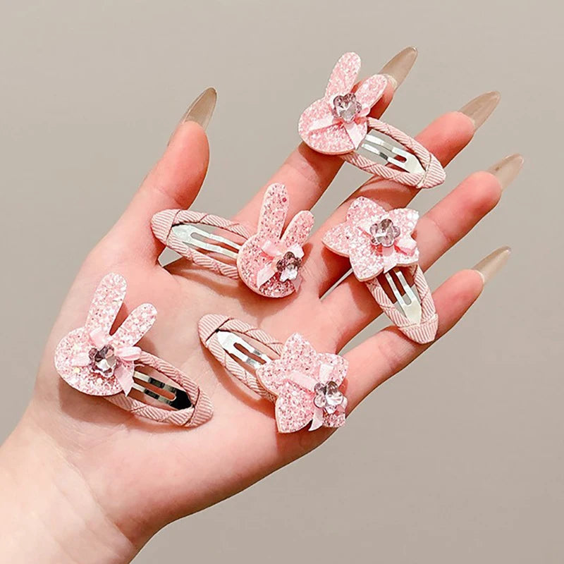 Pink Shiny Rhinestone Rabbit Headwear Baby Girl Sequin Star Hair Clips Elastic Rubber Bands Sweet Princess Kids Hair Accessories