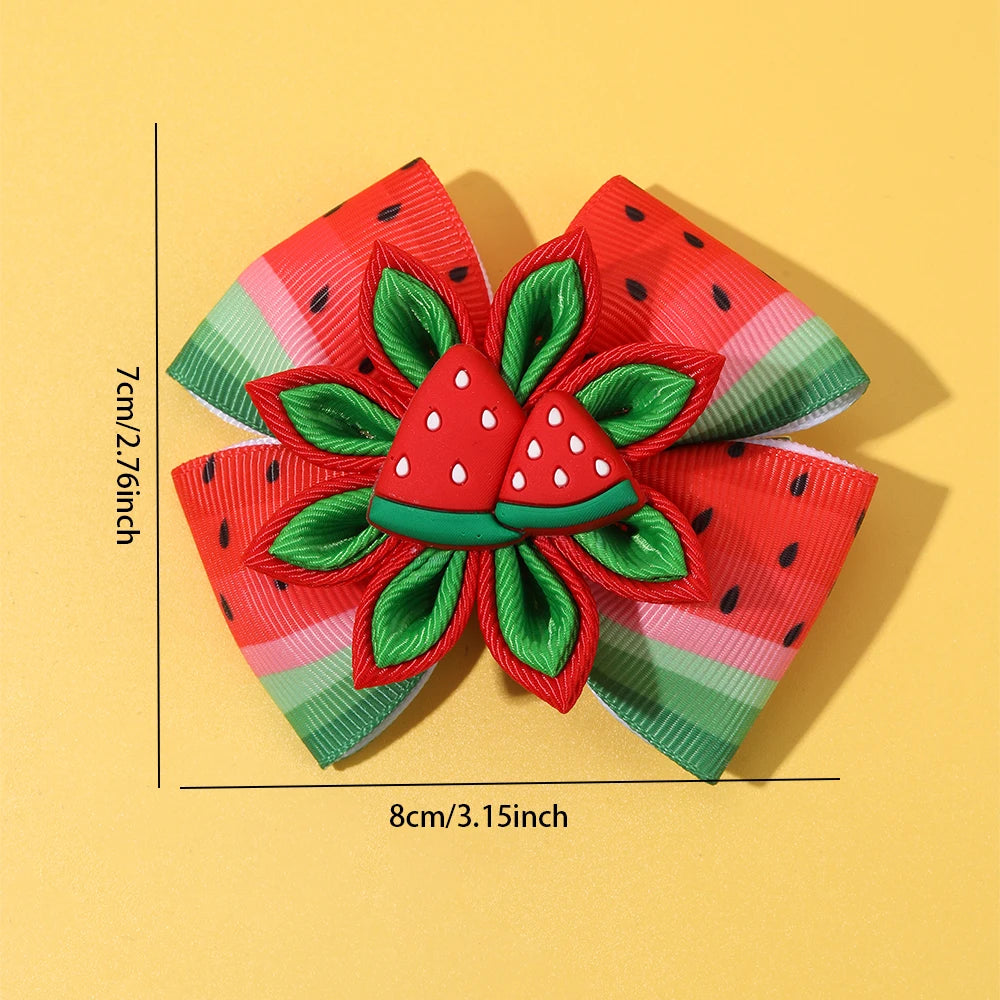 2Pcs Watermelon Bow Hair Clip Cute Fruit Flower Hairpin Ribbon Barrette For Girls Children Summer Headwear Headdress Accessories