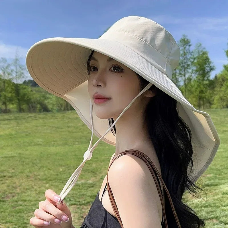 Women Large Brim UV Protection Sun Hat Summer Fiing Cap Breathable Outdoor Fishing Hiking Wide Brim Shawl Sunscreen Ponytail Cap