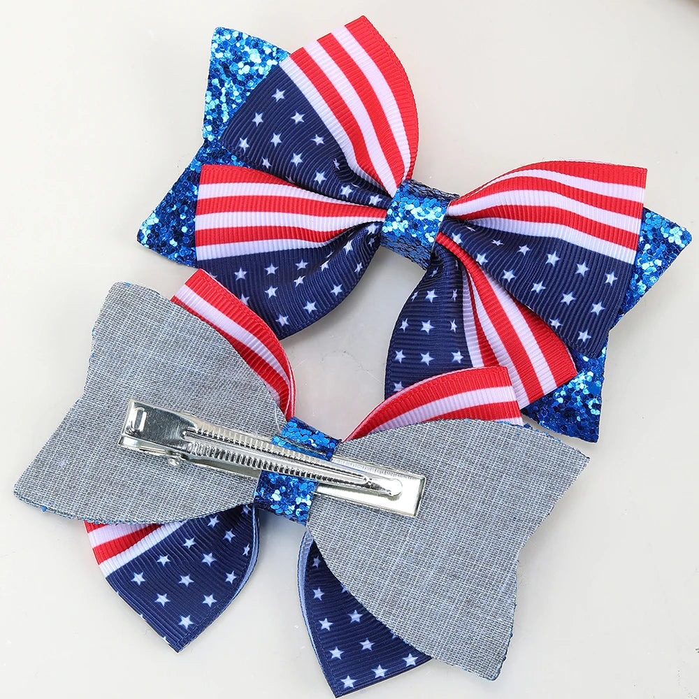 2Pcs USA Flag Bow Hair Clip Ribbon Patriotic American Flag Design Red White Blue Bow Barrettes For 4th Of July Party Accessories trip to America Florida New York holiday