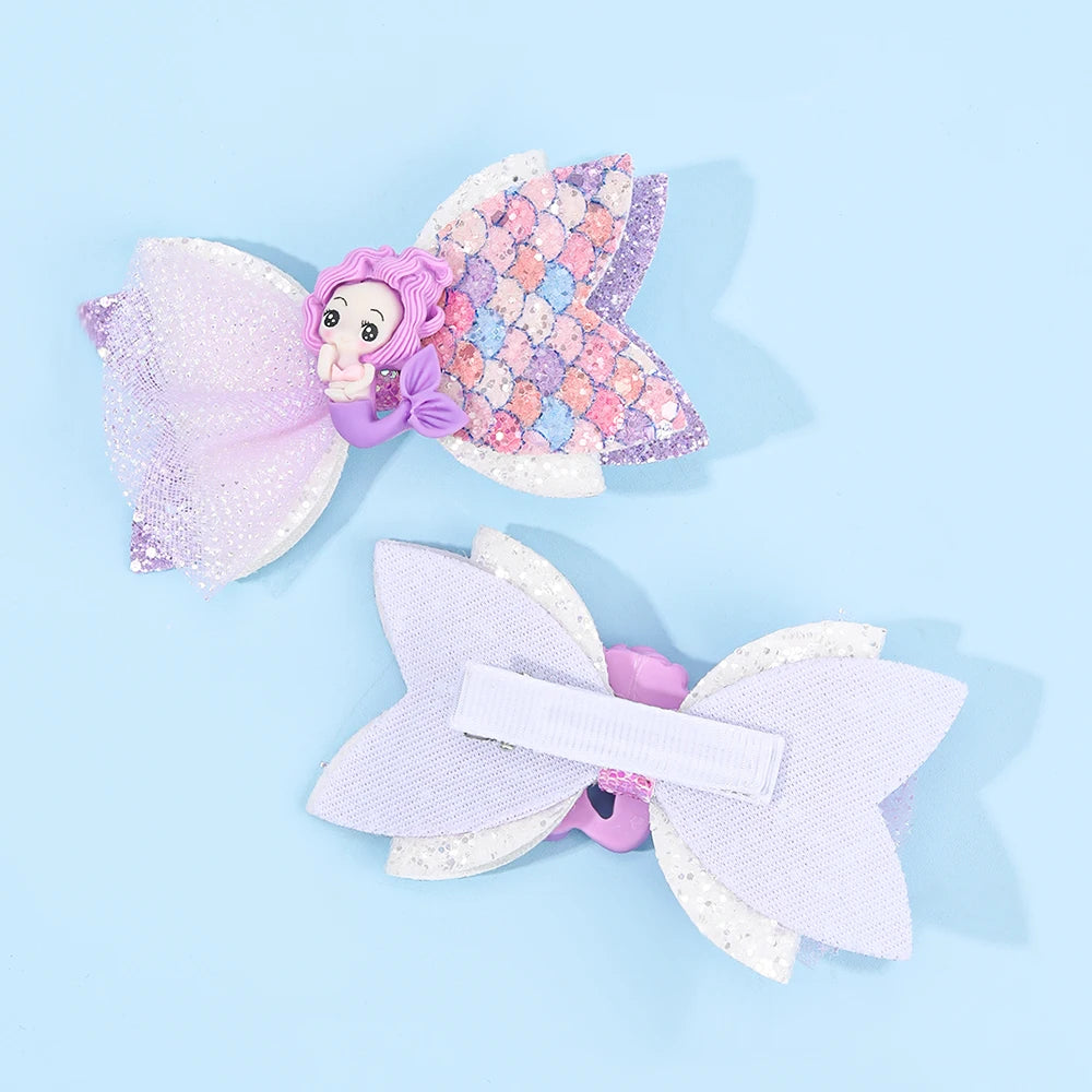 2Pcs Cartoon Mermaid Hair Clips Glitter Bow Hairpin Sparkly Barrette For Girls Children Summer Beach Headdress Hair Accessories
