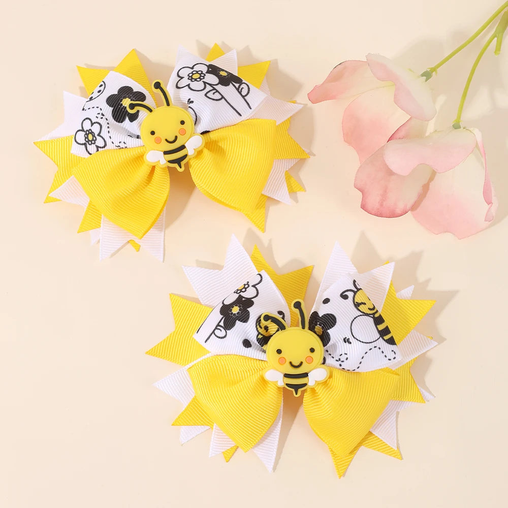 2Pcs Cartoon Floral Print Bow Hairpin Elegant Soft Gel Bee Hair Clip Back To School For Baby Girl Children Accessories Headdress