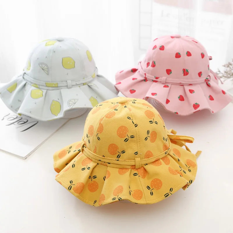 Summer Baby Girl Hat Cotton Fruit Kids Bucket Hats Sun Protection Bowknot Princess Children Cap for Girls Beach Travel 1-2 year old