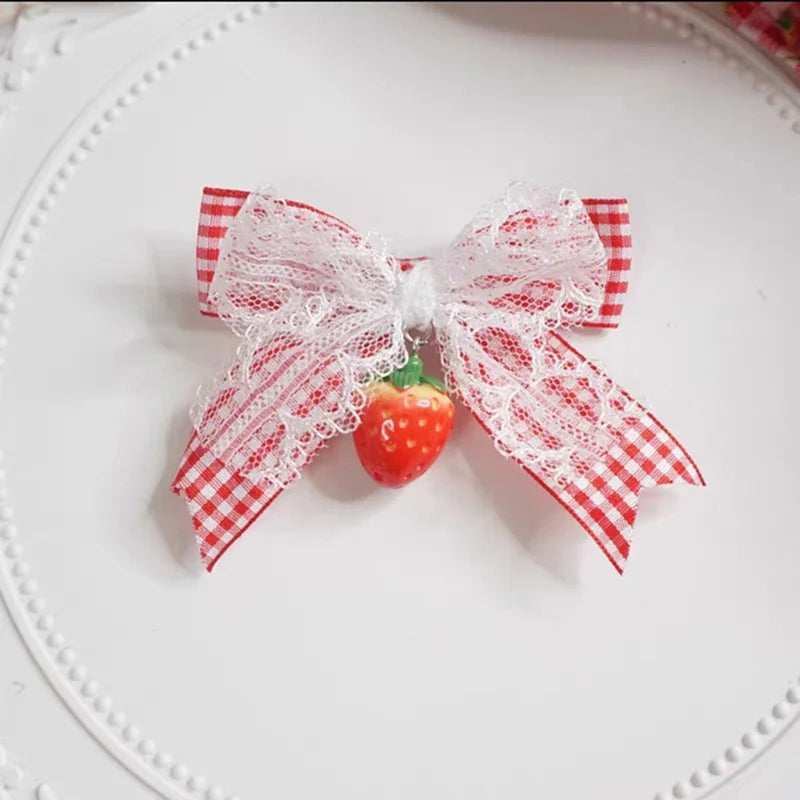 Red Bow Hair Clips Fashion Plaid Stripes Hairpins Strawberry Cherry Barrettes Sweet Lace Headwear Princess Kids Hair Accessories