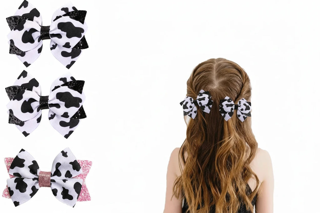 2Pcs Cow Print Bow Hair Clip Sweet Cute Dot Bownot Glittering Hairpin For Kid Girls Children's School Daily Headwear Accessories
