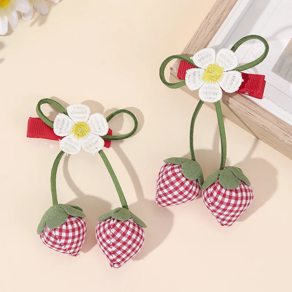 Juicy Strawberry Bow Hair Clips Sweet Flower Lace Ribbon Bownot Hairpins For Girls Children Trendy Cute Headwear Accessories half hair up half down , party holiday cruise