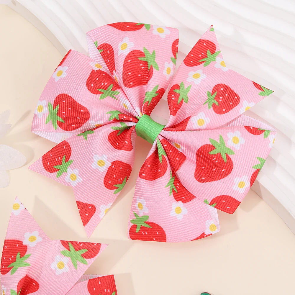 2Pcs juicu Strawberry scrunchie Hair Clips Pink Sweet Flower Print Hairpin Trendy Barrette For Girls Children Kids Headdress Accessories