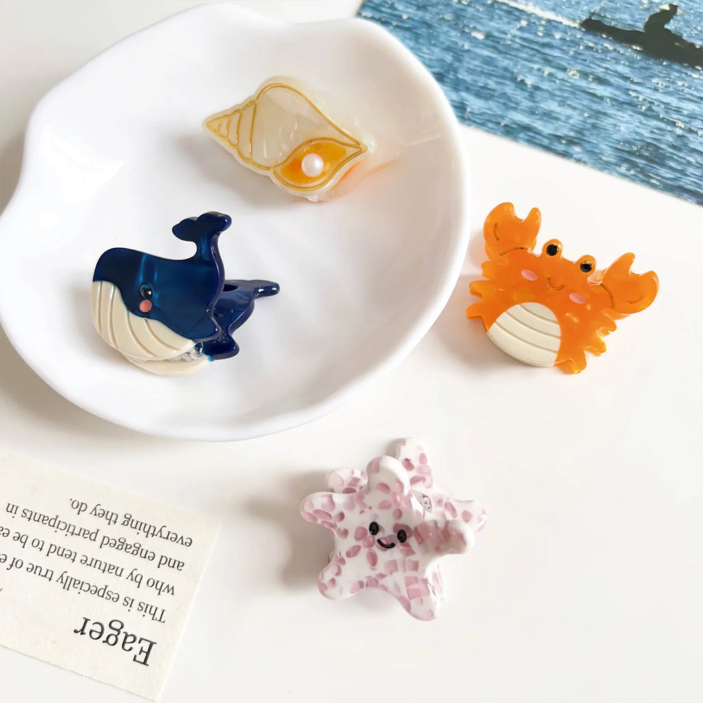 Fashion Cartoon Marine Small Animal Hairpins Cute Small Delicate Acetate Pan Hairpins Horsetail Half-tied Shark Clips Hair Claw octopus whale crab starfish seahorse shell lobster dolphin holidays beach party