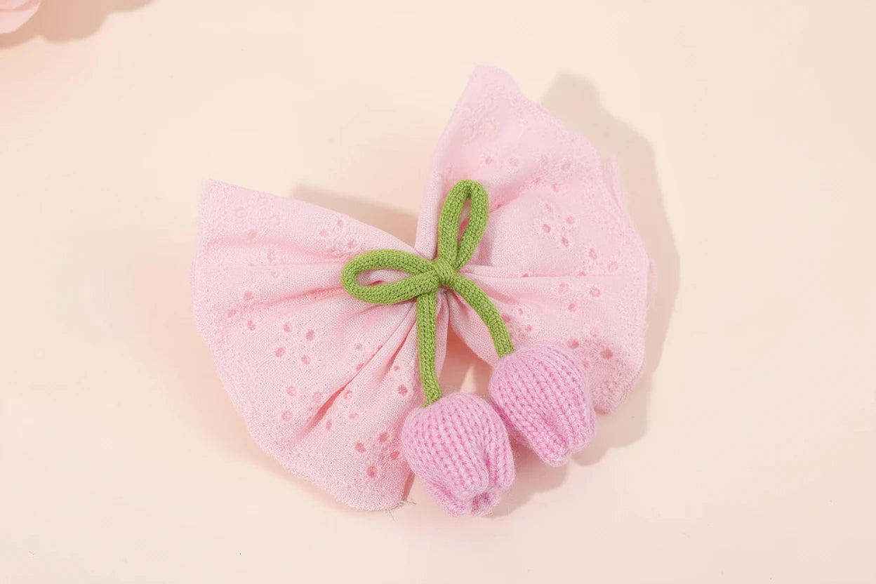 Knitted Tulip Bow Hair Clips Pure Cotton Crochet Flower Hairpin Hollow Out Floral Embroidery Design Barrette Hair Accessories beautiful Amsterdam trip