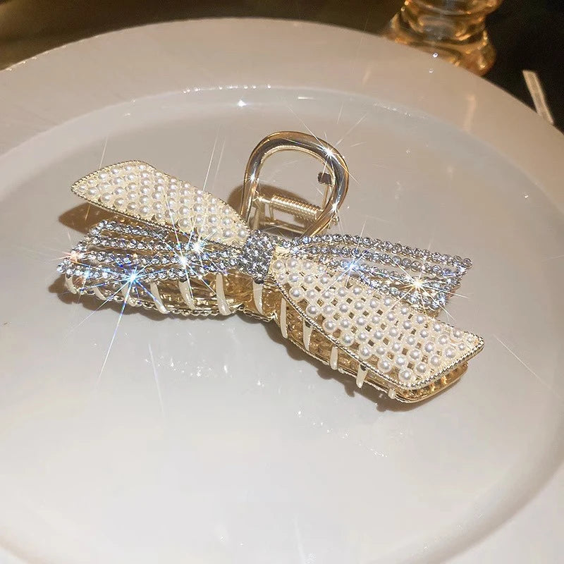 Women's Hair Claw Clip  Pearl Rhinestone Bow Shiny Metal For Girls ladies very pretty