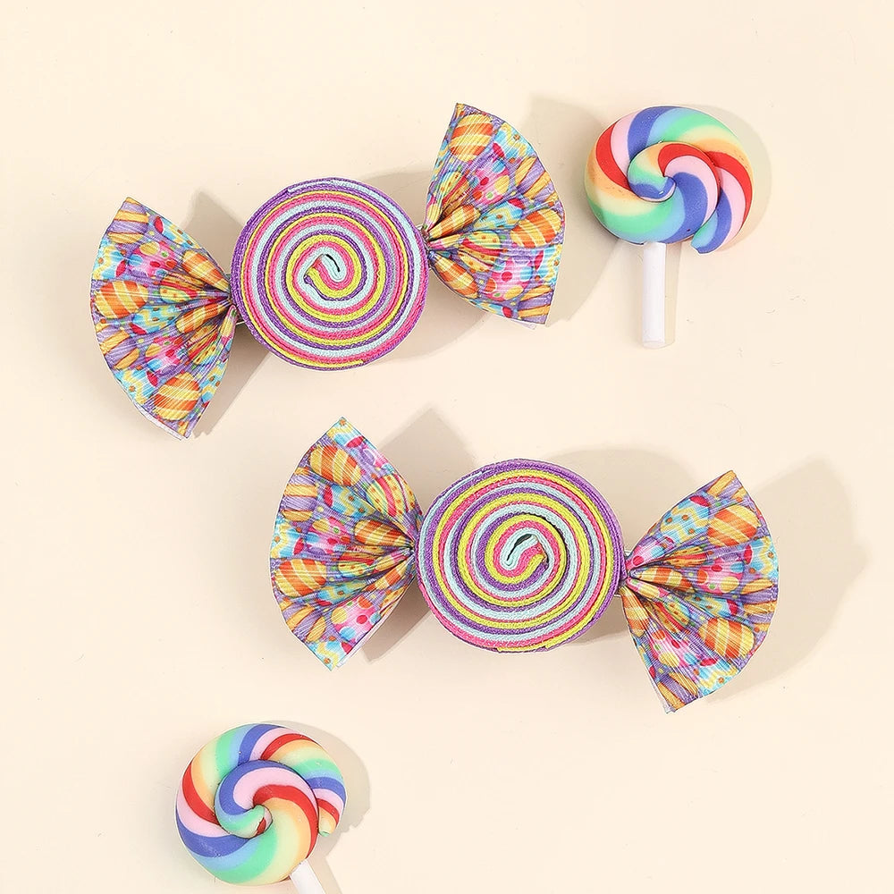 2Pcs Candy Bow Hair Clips Sweet Strawberry Heart Print Hairpins Rainbow Barrette For Girls Kids Children Headwear Accessories