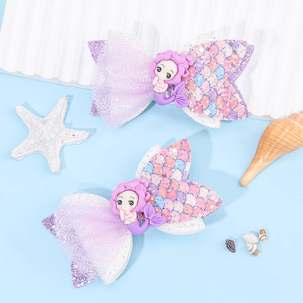 2Pcs Cartoon Mermaid Hair Clips Glitter Bow Hairpin Sparkly Barrette For Girls Children Summer Beach Headdress Hair Accessories