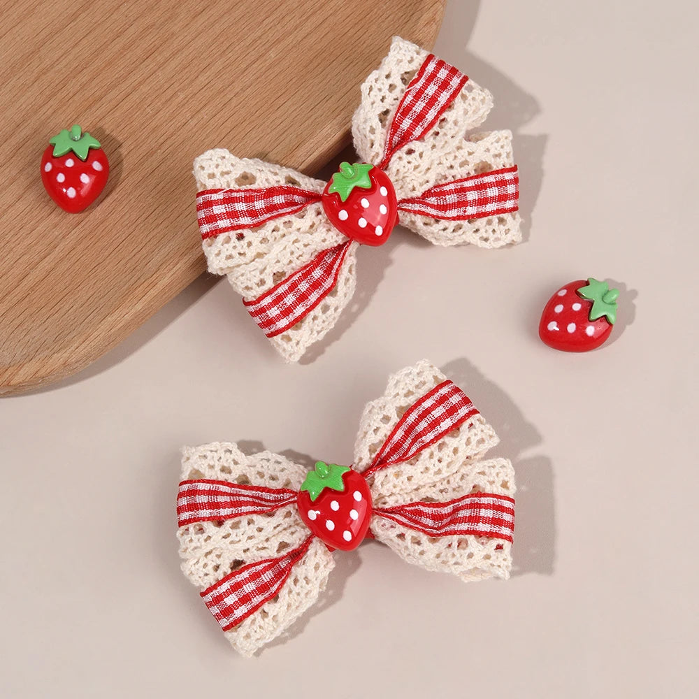 2Pcs Retro Strawberry Bow Hair Clips For Girls Sweet Lace-trim Plaid Hairpins Children Daily Korean Headwear Hair Accessories party holiday pretty hair