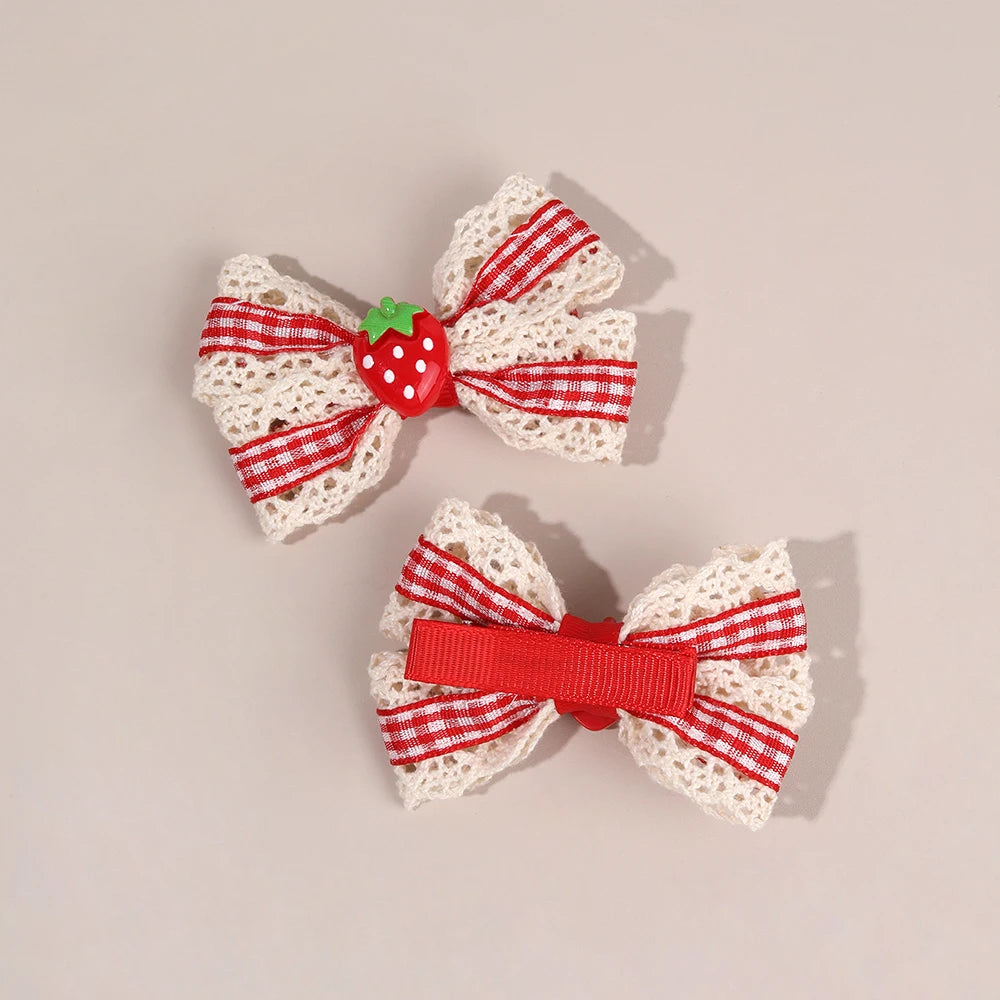 2Pcs Retro Strawberry Bow Hair Clips For Girls Sweet Lace-trim Plaid Hairpins Children Daily Korean Headwear Hair Accessories party holiday pretty hair