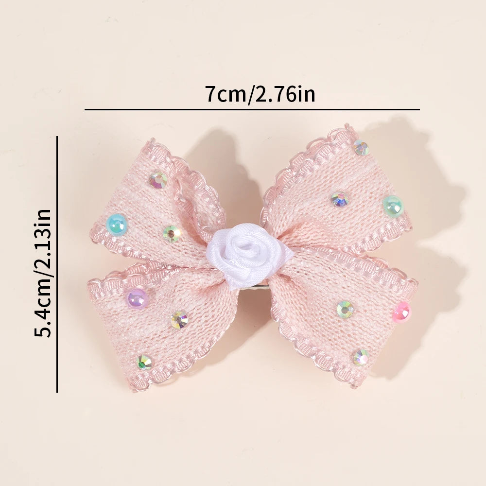 2Pcs Sweet Flower Bow Hair Clip Korean Solid Rose Rhinestone Barrettes Side Hairpins For Girls Children Headdress Accessories