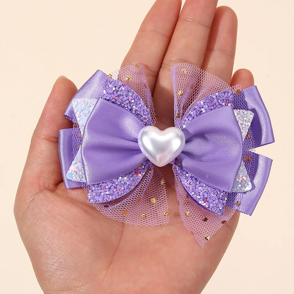 2Pcs Trendy Chiffon Bow Hair Clips For Girls Mesh Dot Hairpins Glitter Three-Tier Bownot Barrette Children Headwear Accessories