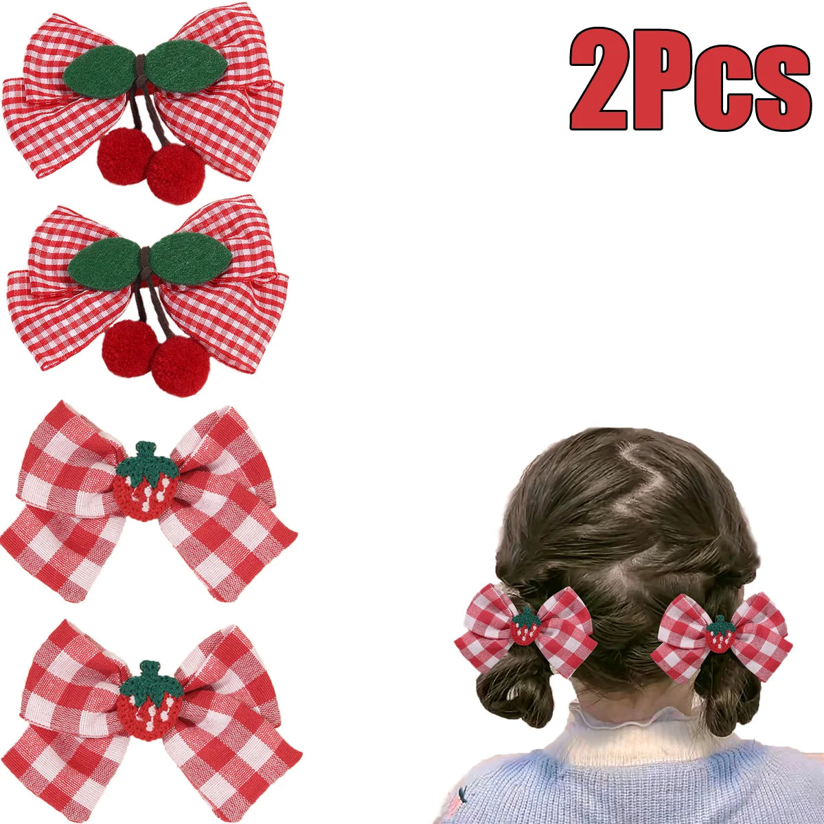 2Pcs Cherry Bow Hair Clips Strawberry Plaid Hairpin Sweet Fashion Barrette For Girls Children's Headdress  Kids school holidays Accessories cruise beach party