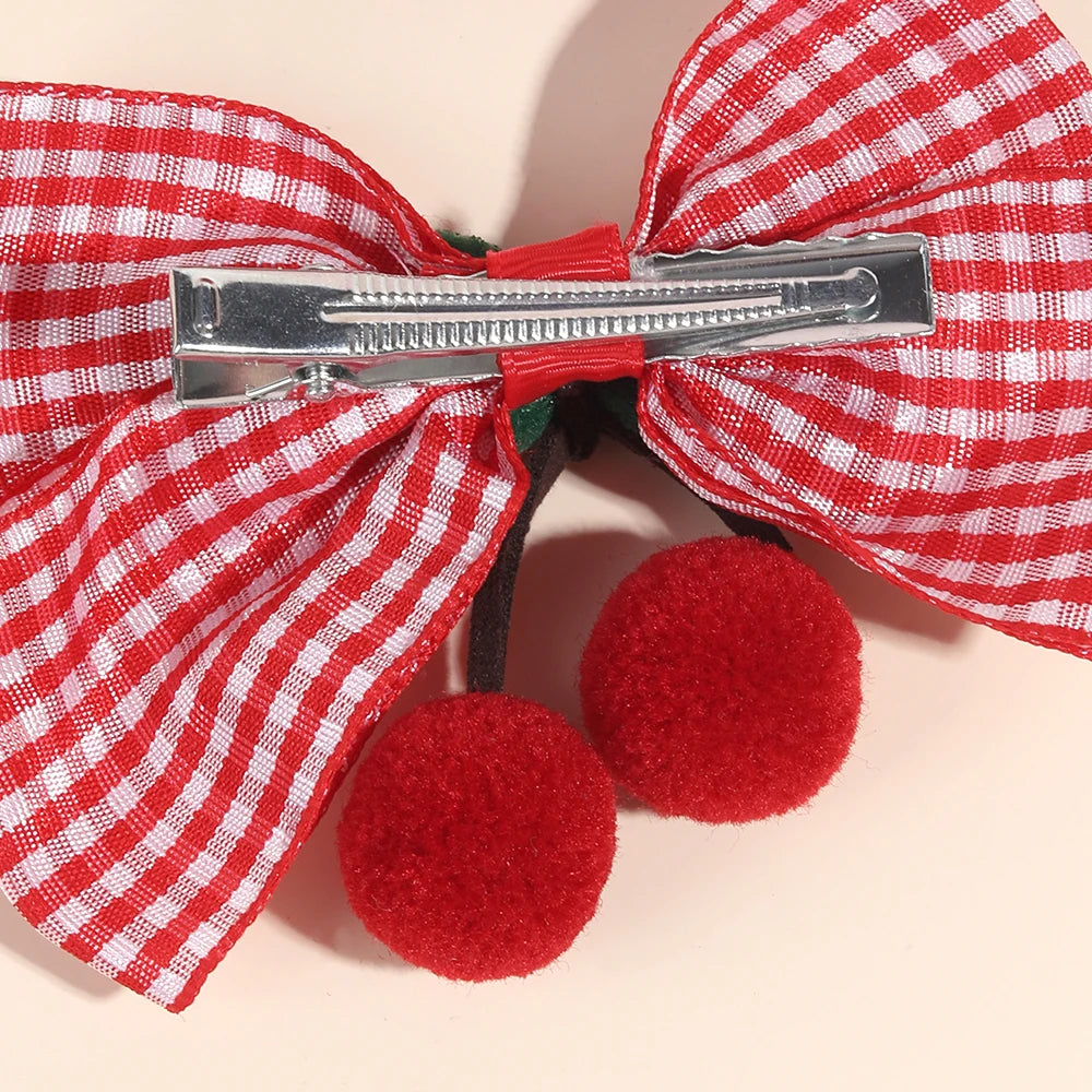 2Pcs Cherry Bow Hair Clips Strawberry Plaid Hairpin Sweet Fashion Barrette For Girls Children's Headdress  Kids school holidays Accessories cruise beach party