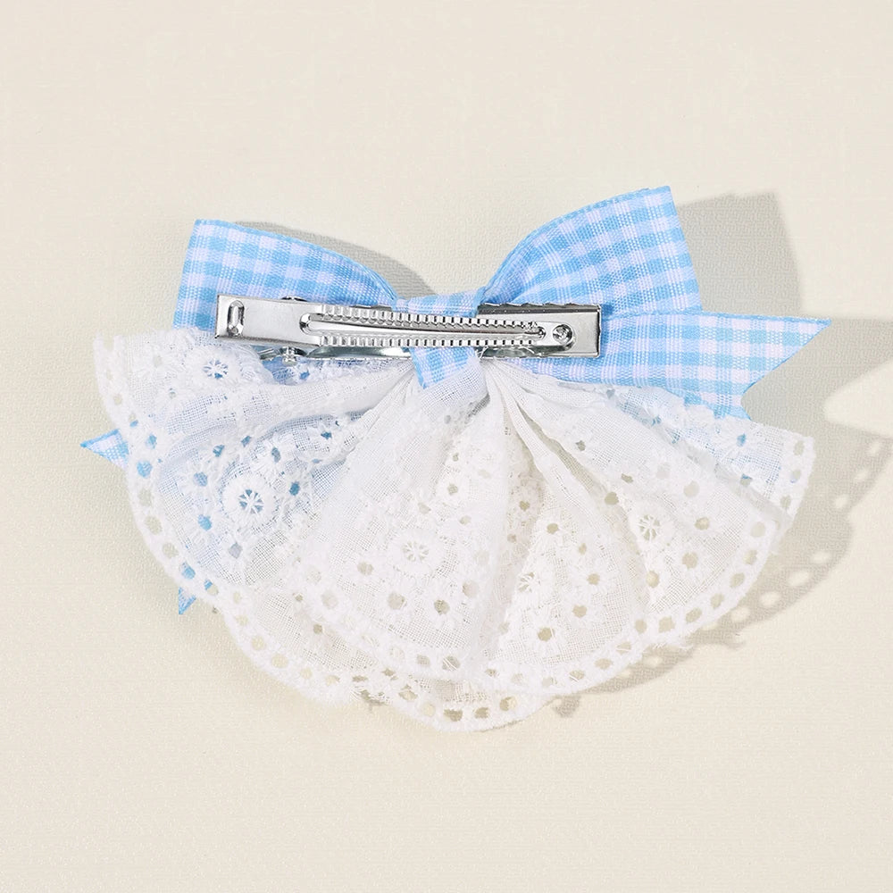 2Pcs New Korean Red Plaid Bow Hair Clips For Girls Cute White Lace Flower Hairpins Sweet Daily Trendy Headwear Hair Accessories