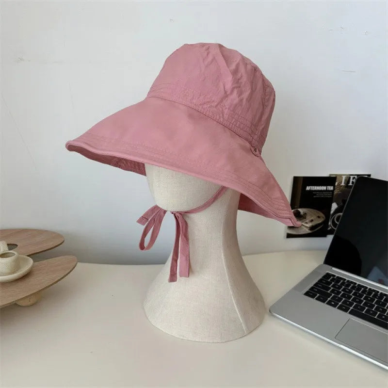 Women Lace-up Bowknot Sunscreen Fisherman Hat Large Brim Summer Anti-UV Strap Bucket Caps Korean Girl Travel Beach Basin Caps