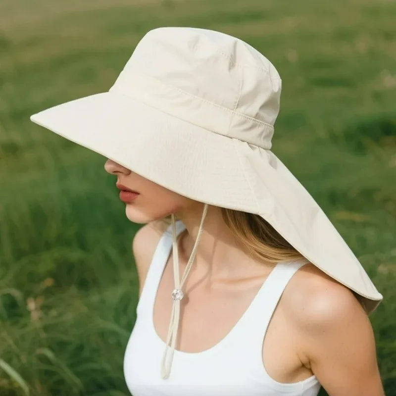 Women Large Brim UV Protection Sun Hat Summer Fiing Cap Breathable Outdoor Fishing Hiking Wide Brim Shawl Sunscreen Ponytail Cap