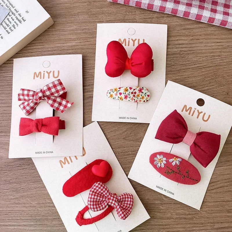 2pcs Red Colour Girl Hair Clip Christmas summer spring Bow Floral Children's Clip Sweet Hair Accessories