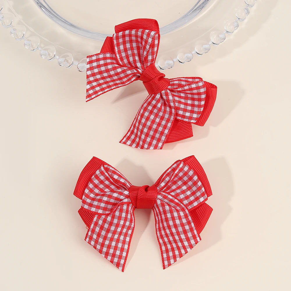2Pcs bow  Plaid Hair Clips slides Sweet Cute Double Layer Bownot Hairpins Ribbon Barrette For Girls Children Headdress Accessories school party holiday