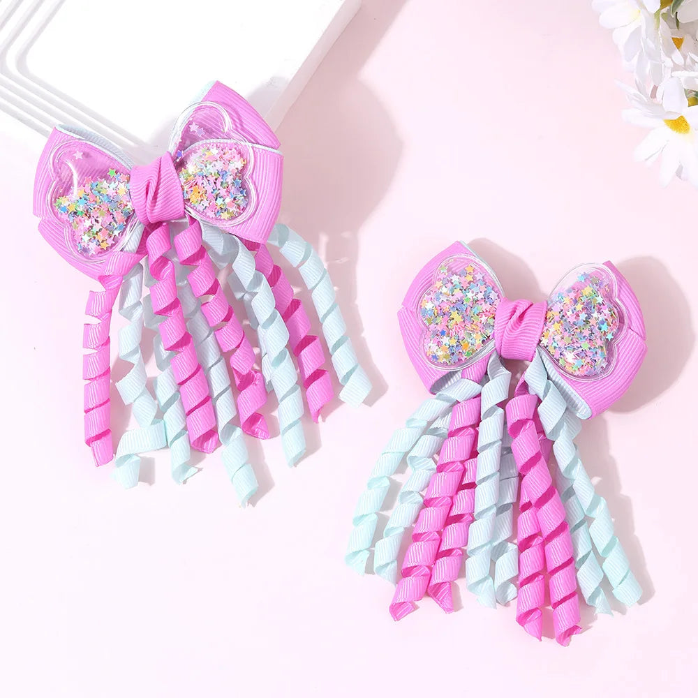 2Pcs Girls Mermaid Bow Hair Clips Cute Cartoon Mermaid Pearls Hairpins Octopus Curled Grosgrain Ribbon Barrette Hair Accessories