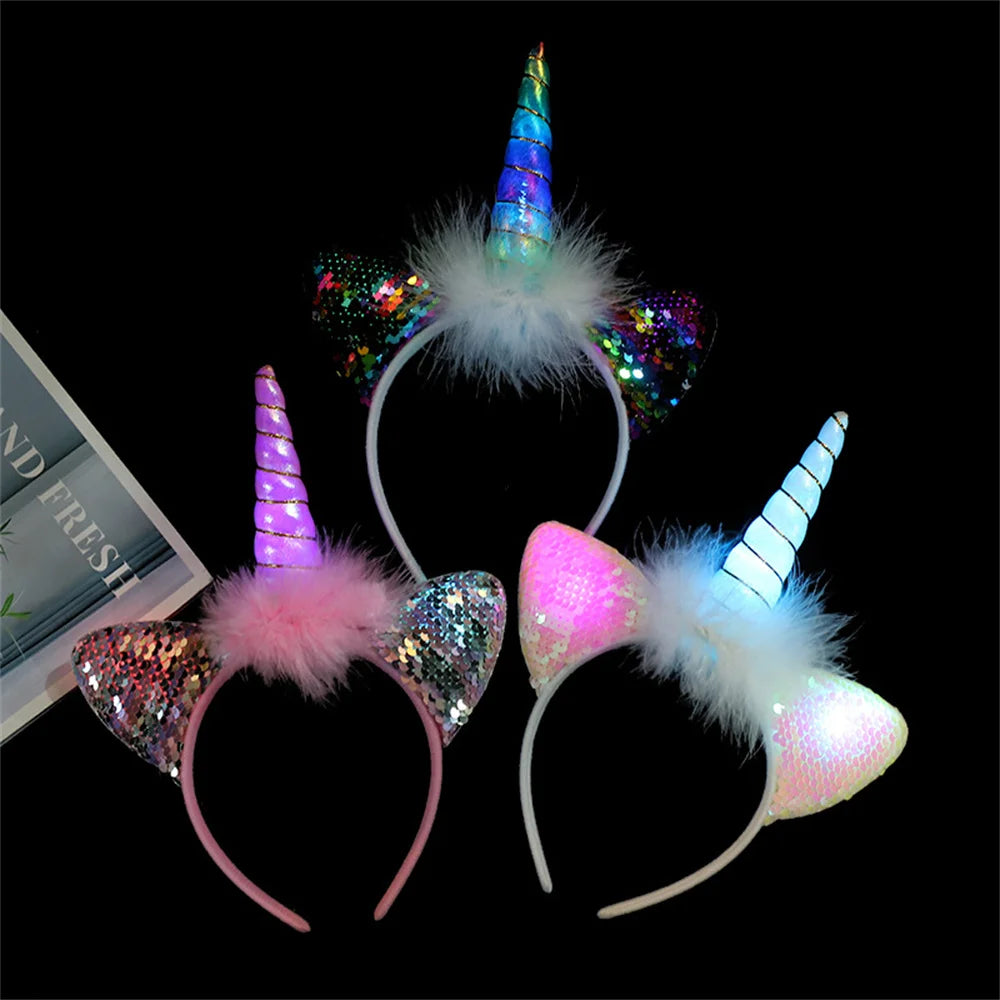 Led Light Unicorn Headband Kids Girl Birthday Cartoon Headwear Hair Accessories Rainbow Unicorn Theme Party Decoration Suppliese