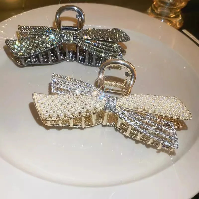 Women's Hair Claw Clip  Pearl Rhinestone Bow Shiny Metal For Girls ladies very pretty