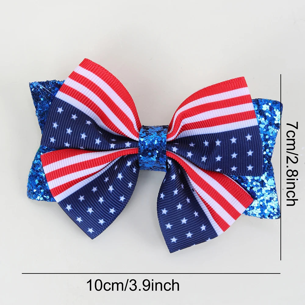 2Pcs USA Flag Bow Hair Clip Ribbon Patriotic American Flag Design Red White Blue Bow Barrettes For 4th Of July Party Accessories trip to America Florida New York holiday