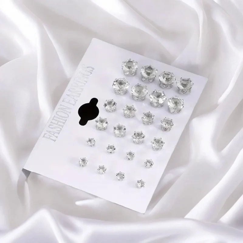 12 Pairs Six Claw Zircon Earrings Set Geometric White Shiny Crystal Wedding Stud Earrings Set for Women Men Jewelry Accessories