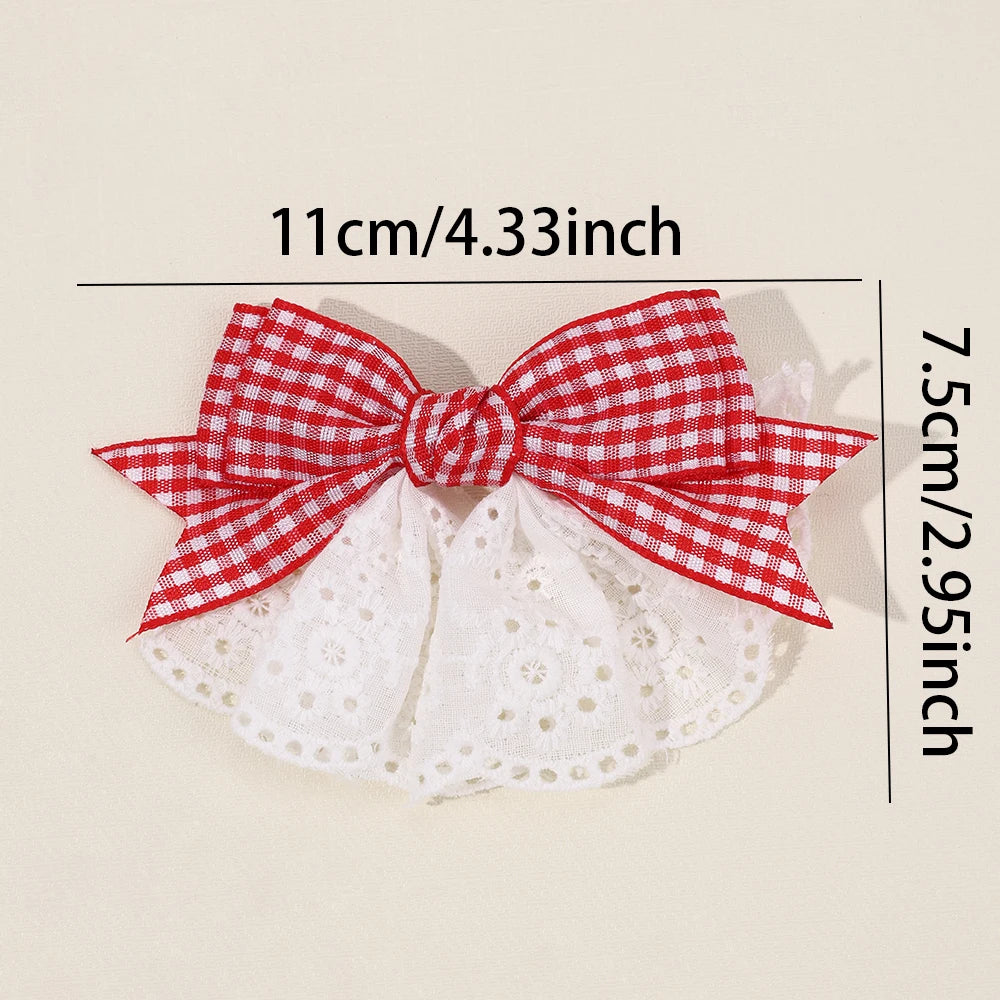2Pcs New Korean Red Plaid Bow Hair Clips For Girls Cute White Lace Flower Hairpins Sweet Daily Trendy Headwear Hair Accessories