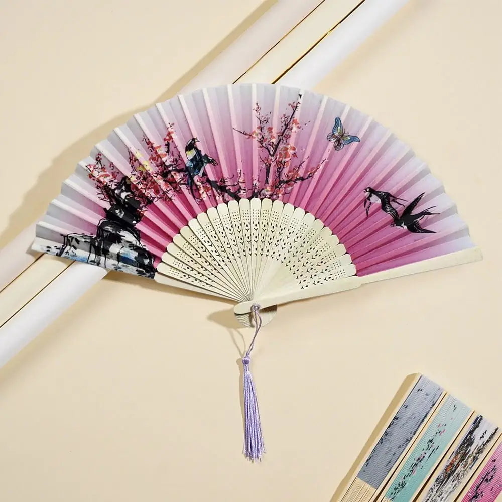 2024 Silk Vintage Folding Fan Colorful Tassel Elegent Hand Fan Hand Fan Bamboo Shank Classical Dance Fan Female
