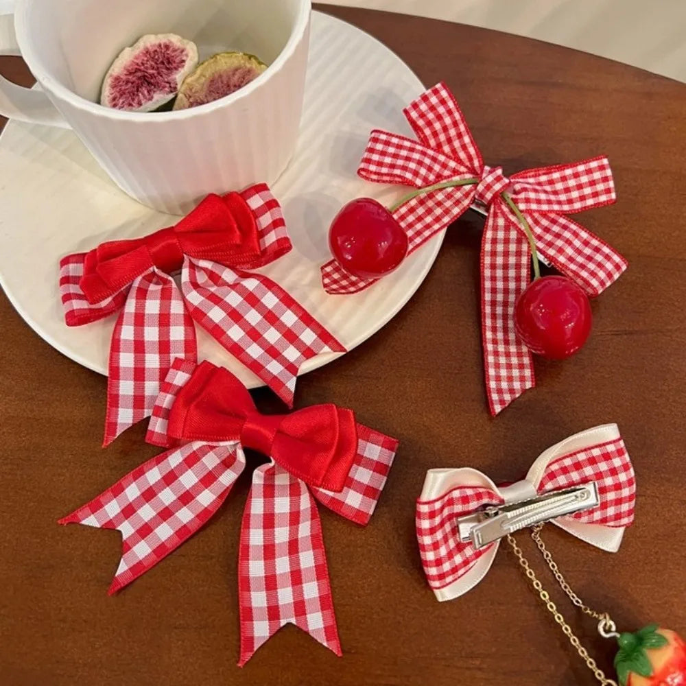 1pair Cute Red Cherry Hair Clip Cloth Bow Headflower Strawberry Side Hairpins Barrettes Headwear Bow Hairpins Girls