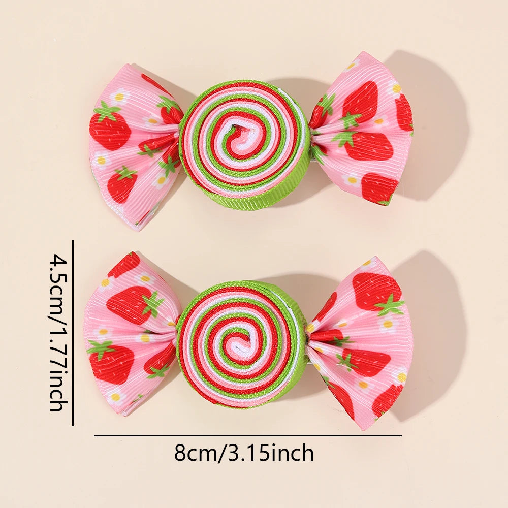 2Pcs Candy Bow Hair Clips Sweet Strawberry Heart Print Hairpins Rainbow Barrette For Girls Kids Children Headwear Accessories