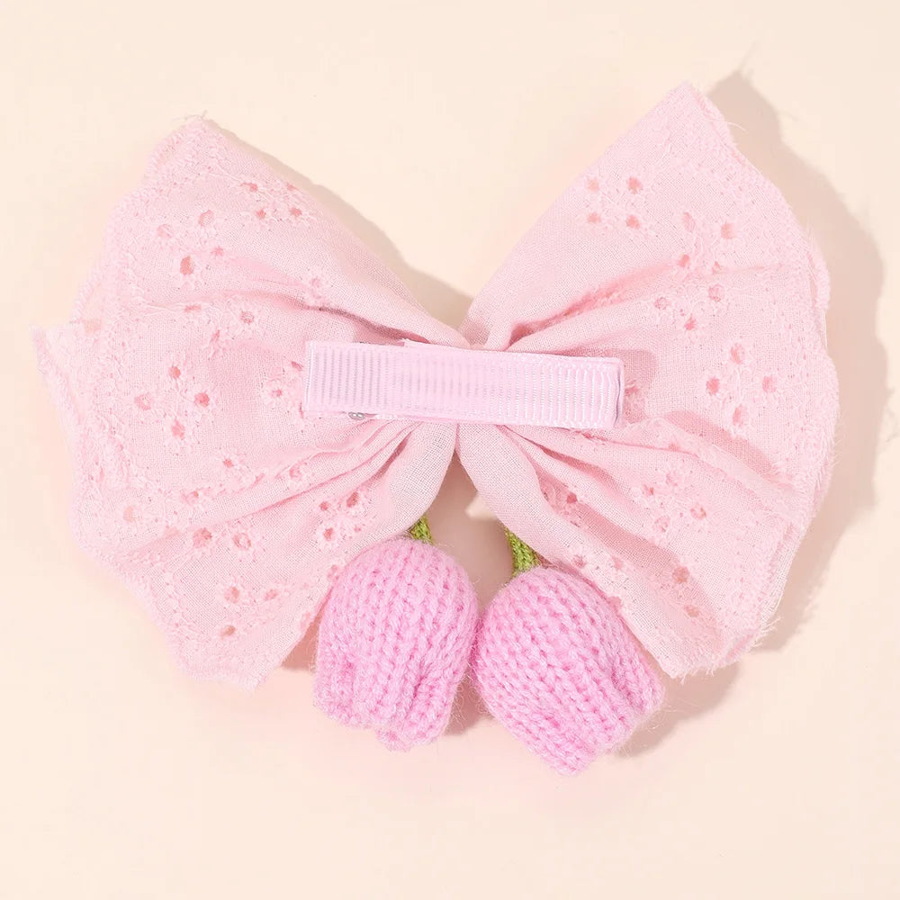 Knitted Tulip Bow Hair Clips Pure Cotton Crochet Flower Hairpin Hollow Out Floral Embroidery Design Barrette Hair Accessories beautiful Amsterdam trip
