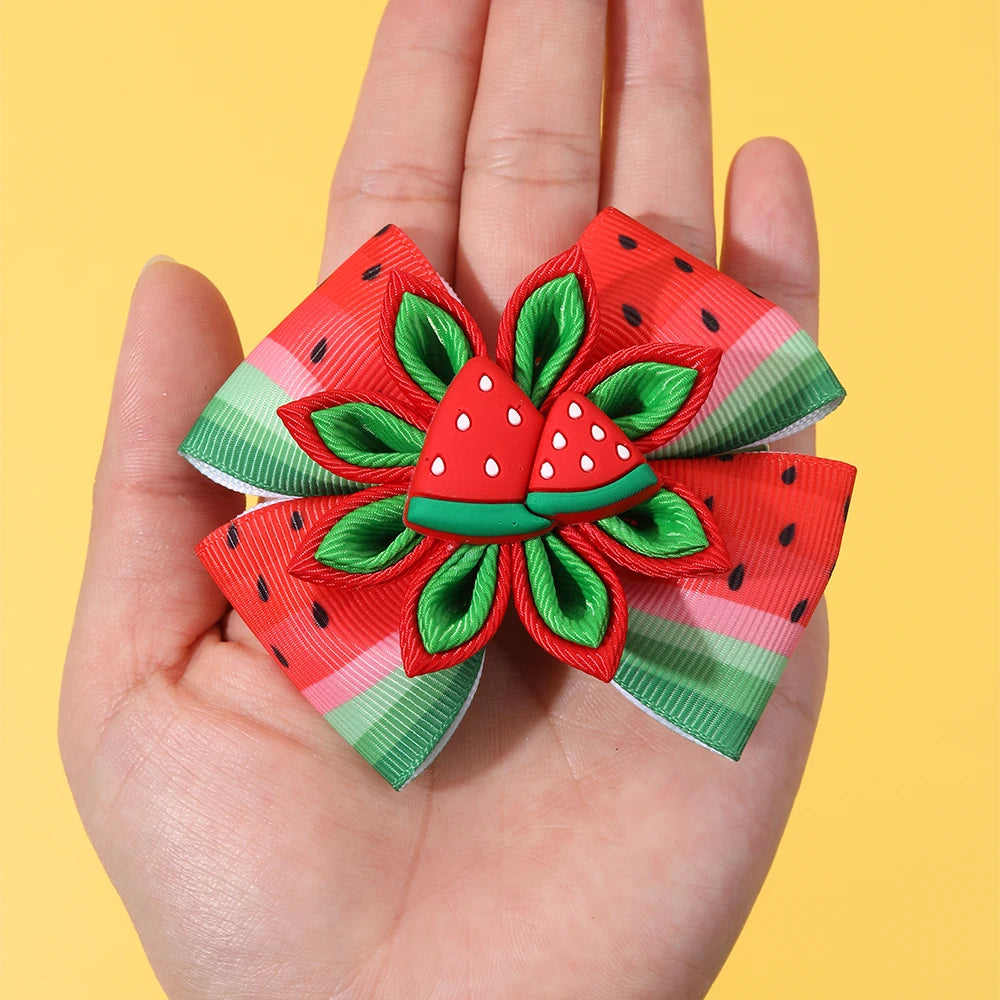 2Pcs Watermelon Bow Hair Clip Cute Fruit Flower Hairpin Ribbon Barrette For Girls Children Summer Headwear Headdress Accessories