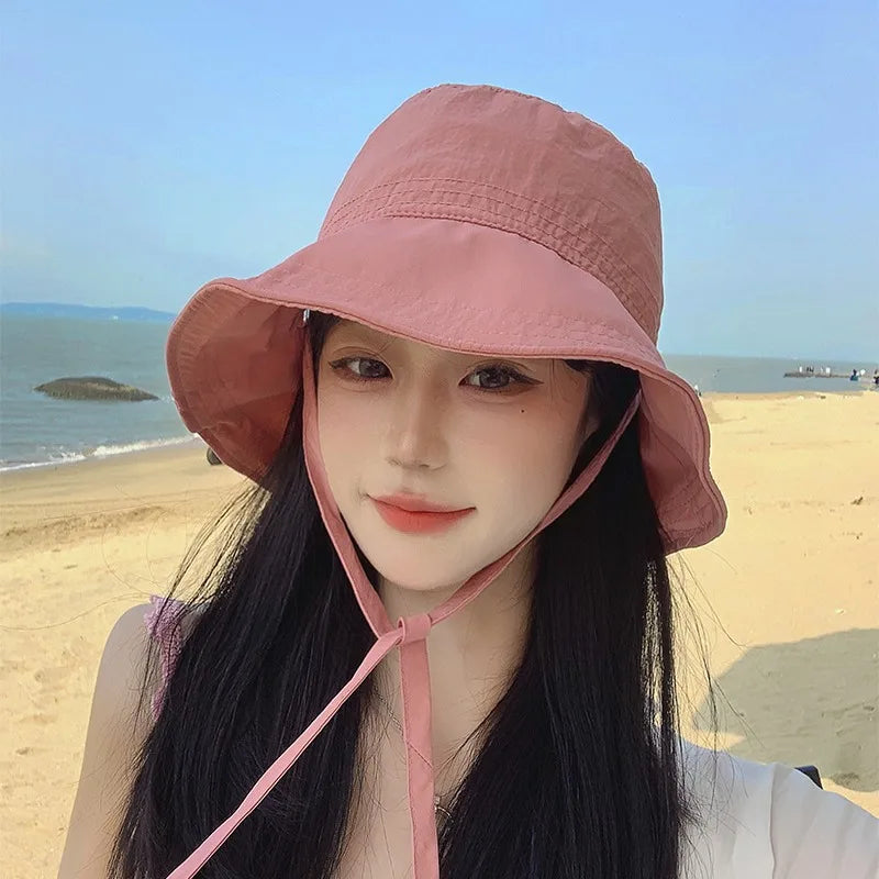 Women Lace-up Bowknot Sunscreen Fisherman Hat Large Brim Summer Anti-UV Strap Bucket Caps Korean Girl Travel Beach Basin Caps