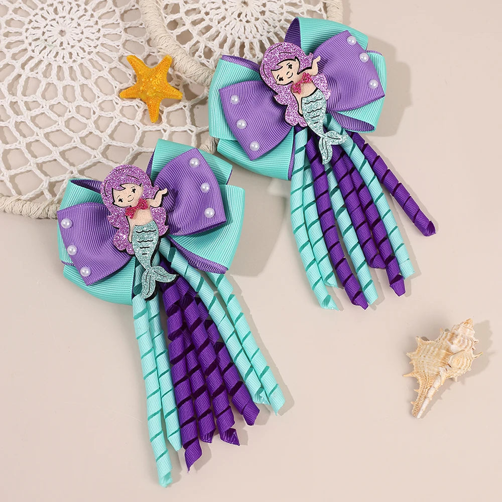 2Pcs Girls Mermaid Bow Hair Clips Cute Cartoon Mermaid Pearls Hairpins Octopus Curled Grosgrain Ribbon Barrette Hair Accessories