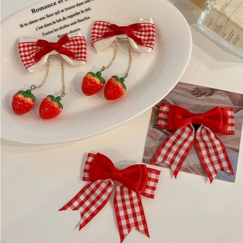 1pair Cute Red Cherry Hair Clip Cloth Bow Headflower Strawberry Side Hairpins Barrettes Headwear Bow Hairpins Girls