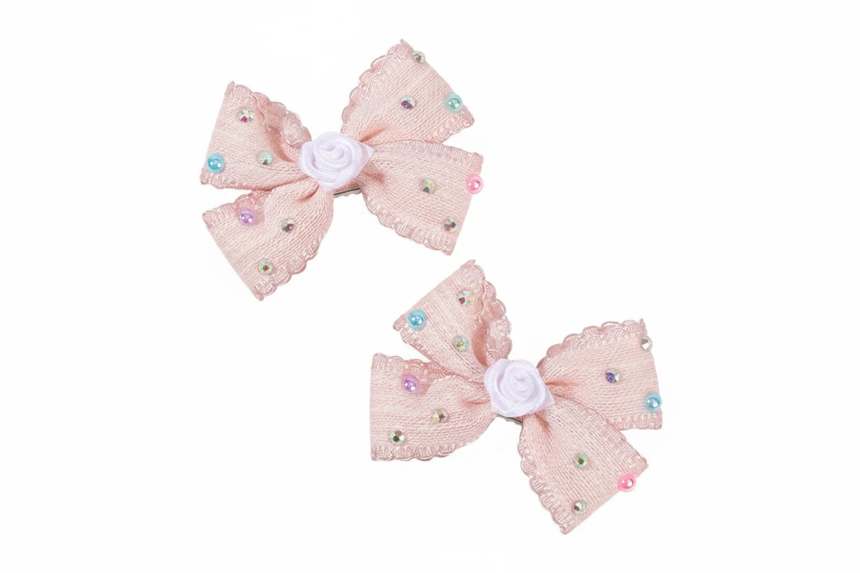 2Pcs Sweet Flower Bow Hair Clip Korean Solid Rose Rhinestone Barrettes Side Hairpins For Girls Children Headdress Accessories