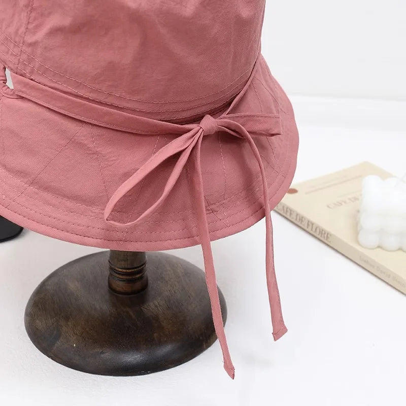 Women Lace-up Bowknot Sunscreen Fisherman Hat Large Brim Summer Anti-UV Strap Bucket Caps Korean Girl Travel Beach Basin Caps